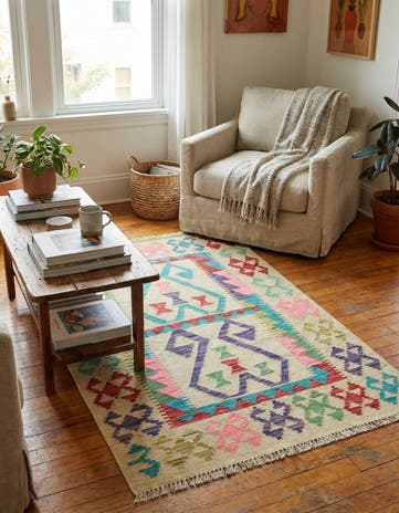 3' 2 x 4' 9 Hand Woven Kilim Maymana Wool Rug
