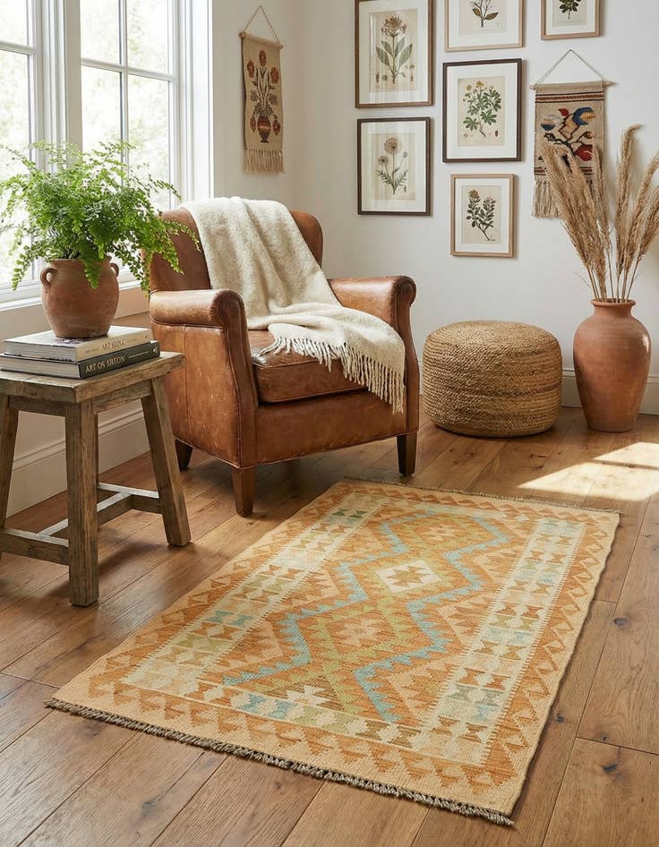 Detail image of 2' 8 x 4'  Hand Woven Kilim Waziri Wool Rug