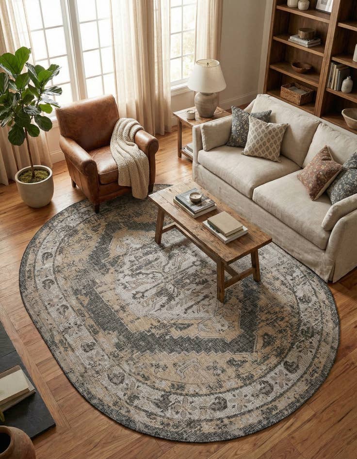 Detail image of  7' 10 x 10'  Washable Traditional Indoor / Outdoor Oval Rug