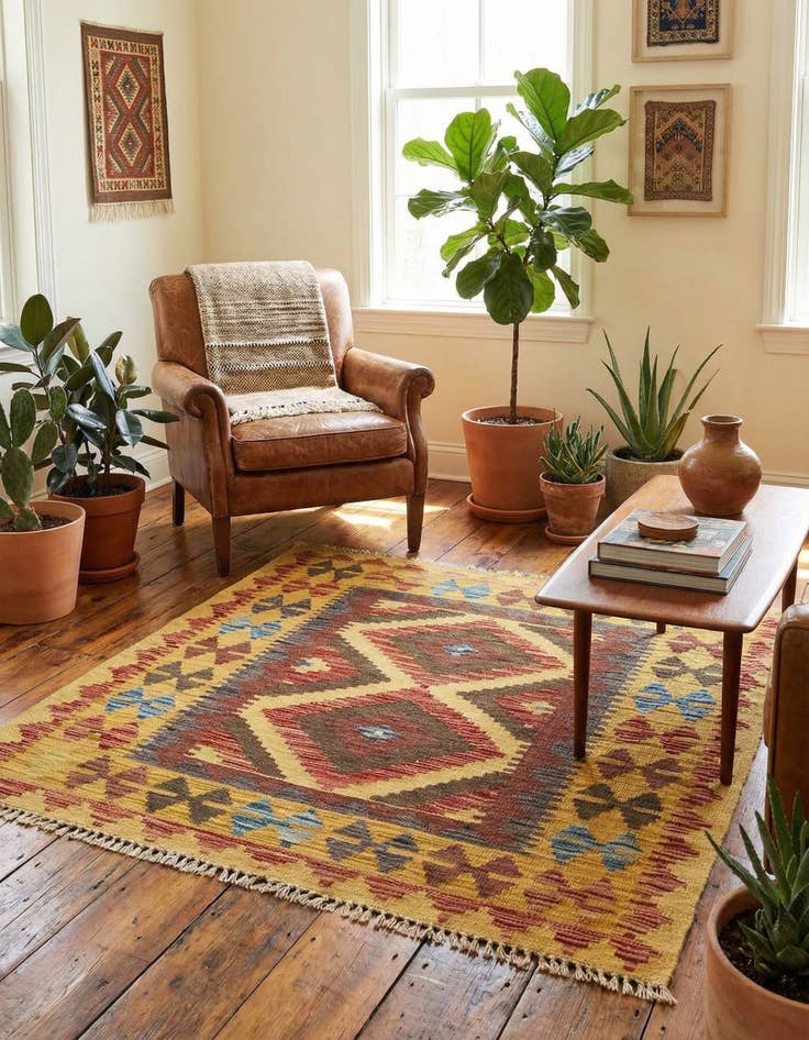 Detail image of  3' 2 x 3' 5  Hand Woven Kilim Maymana Wool Square Rug