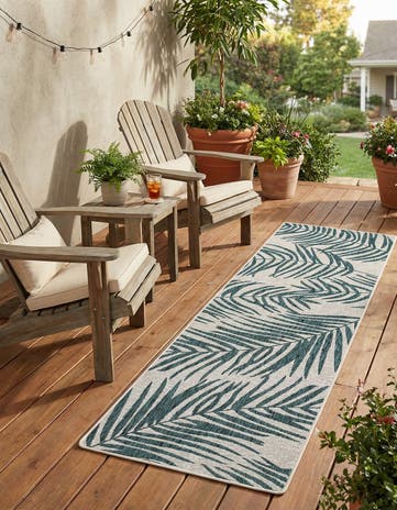 Teal Ivory Easy-Clean Botanical Indoor / Outdoor Runner Rug
