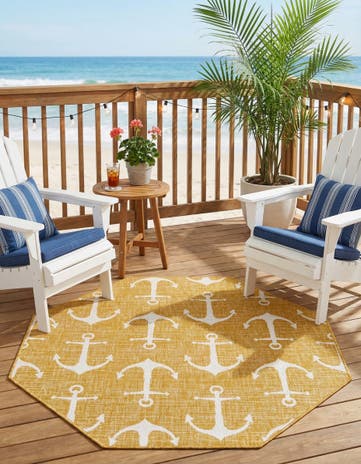 Yellow Easy-Clean Coastal Indoor / Outdoor Octagon Rug