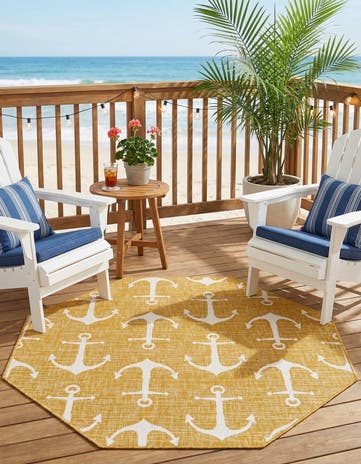 Yellow Easy-Clean Coastal Indoor / Outdoor Octagon Rug