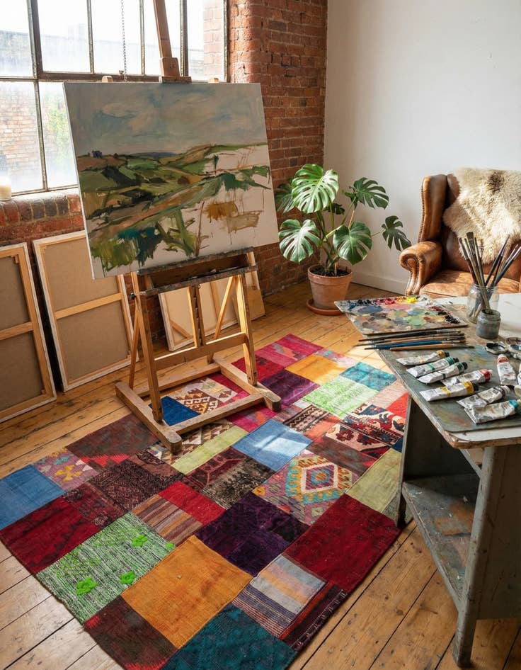 Detail image of 4' 2 x 6'  Hand Woven Kilim Patchwork Wool Rug