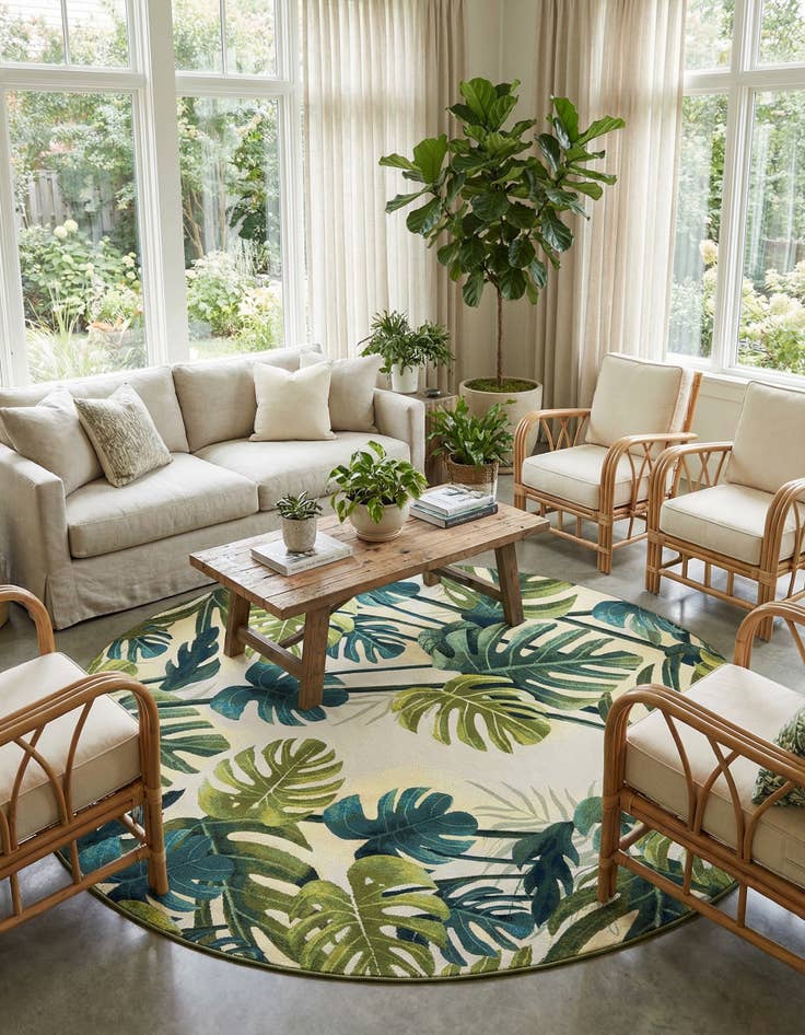 Detail image of 10' x 10'  Washable Botanical Indoor / Outdoor Square Rug
