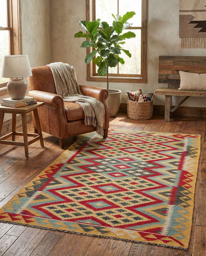 3' 7 x 6' 9 Hand Woven Kilim Maymana Wool Rug