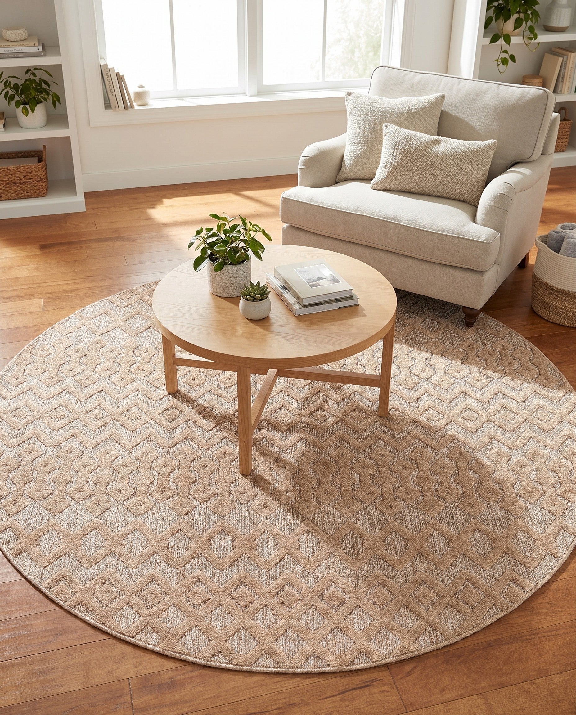 7' x 7' Easy-Clean Trellis Textured Indoor / Outdoor Round Rug