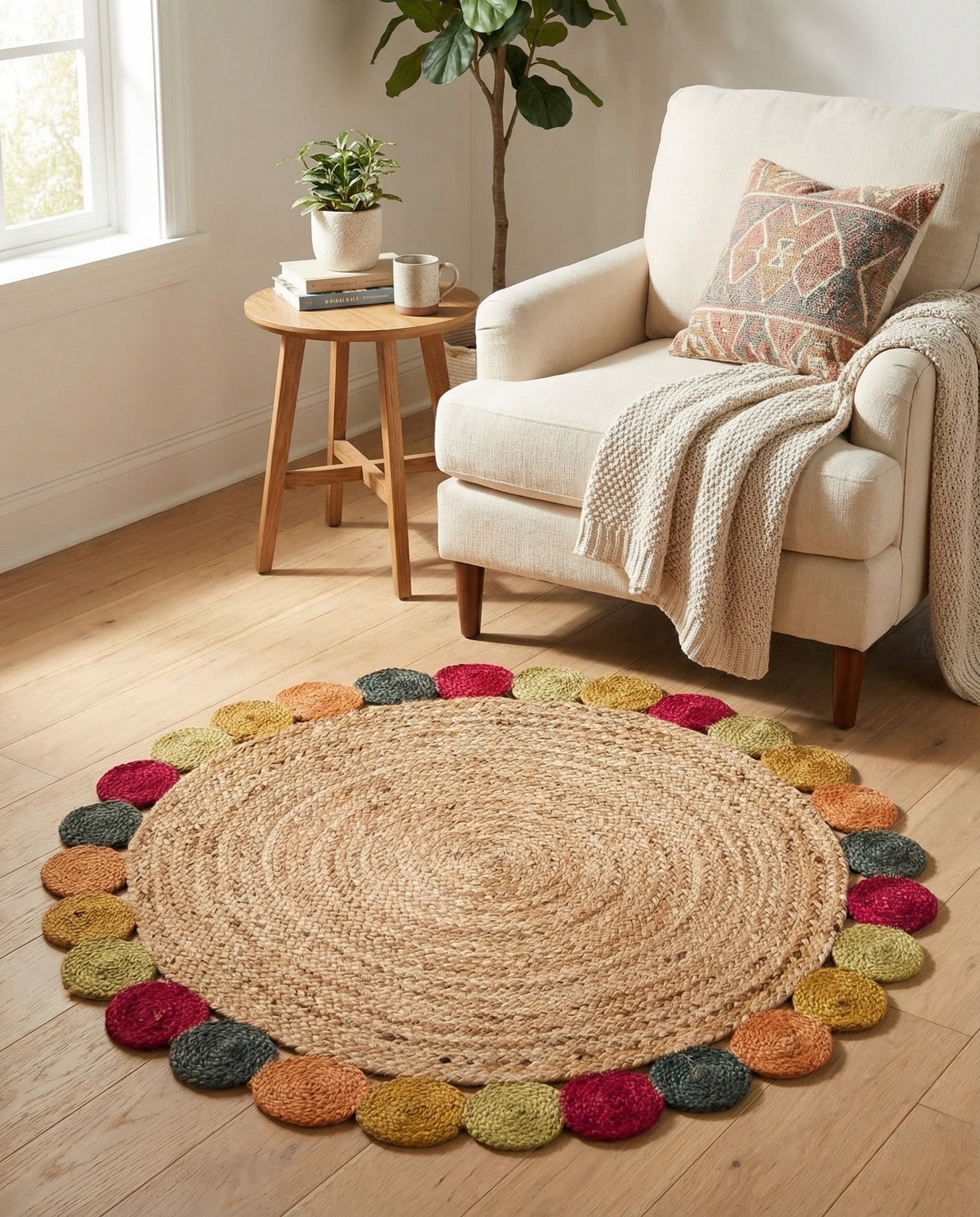 A round natural jute rug with a braided texture, featuring a border of colorful pom-poms in red, orange, gold, green, and dark gray.