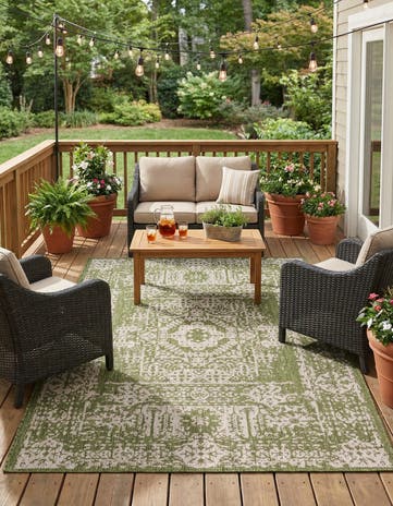 Green Easy-Clean Traditional Indoor / Outdoor Rug