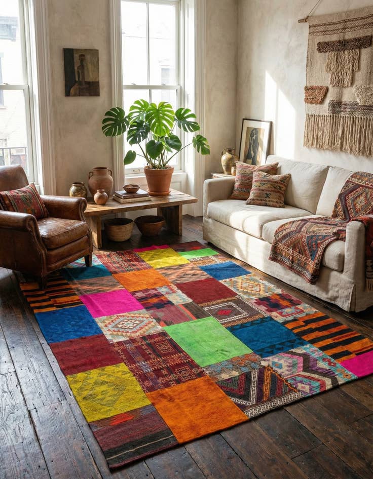 Detail image of  5' 6 x 7' 10  Hand Woven Kilim Patchwork Wool Rug