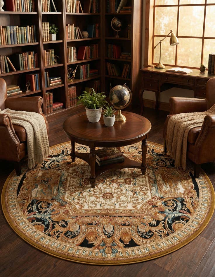 Detail image of 7' 10 x 7' 10  Washable Traditional Indoor / Outdoor Round Rug