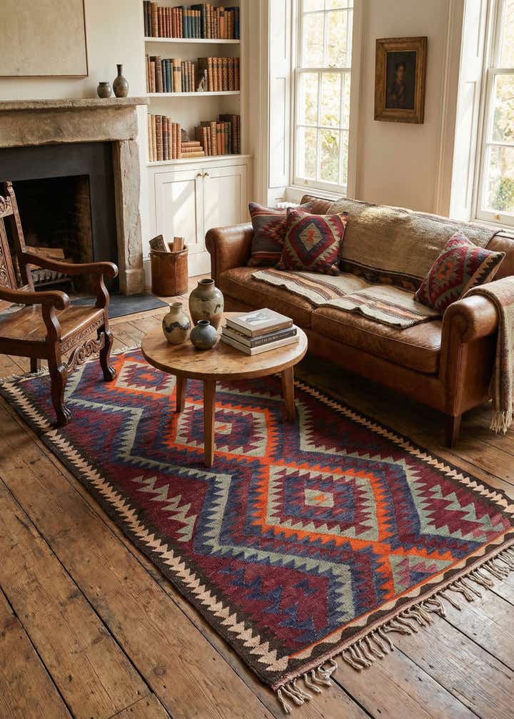 4' 3 x 7' 8 Hand Woven Kilim Fars Wool Rug