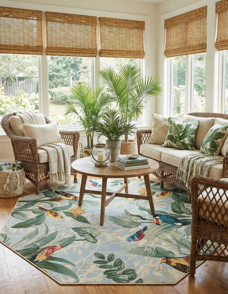 Detail image of 7' 10 x 7' 10  Washable Botanical Indoor / Outdoor Octagon Rug
