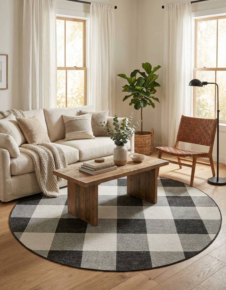Detail image of  6' x 6'  Washable Checkered Indoor / Outdoor Round Rug