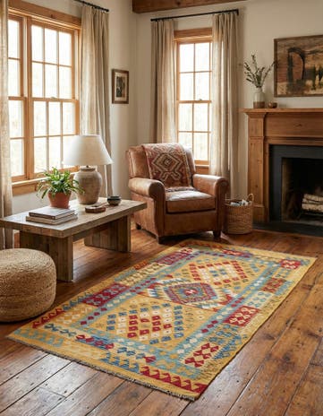 3' 6 x 6' 8 Hand Woven Kilim Maymana Wool Rug