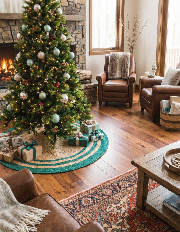 Detail image of 7' 1 x 7' 1  Hand Braided Christmas Tree Skirt