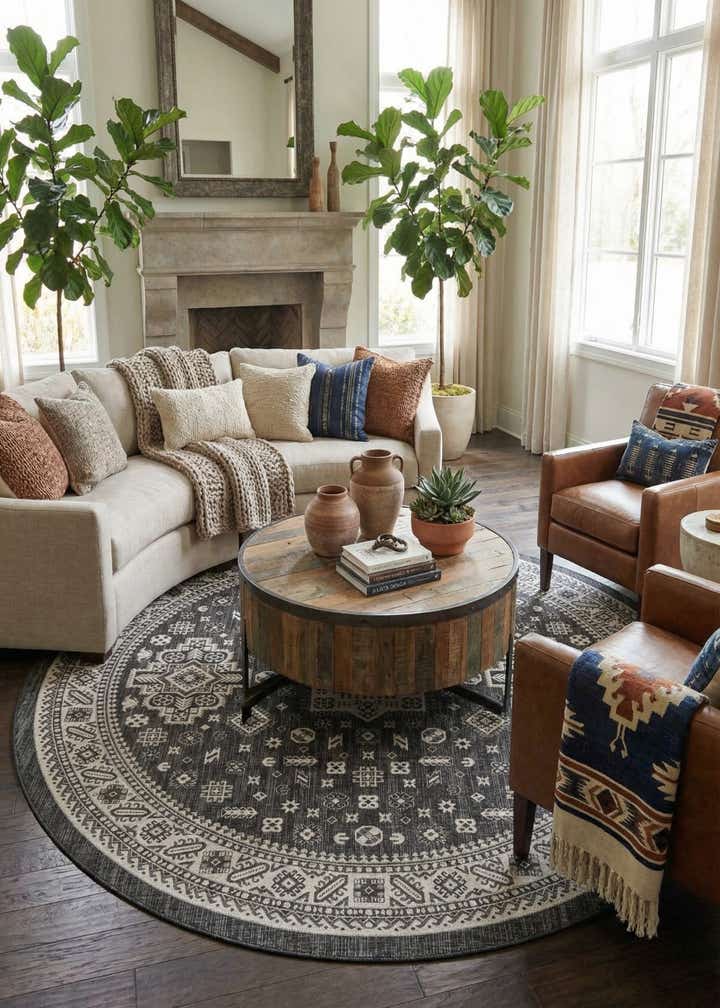 13' x 13' Easy-Clean Aztec Indoor / Outdoor Round Rug