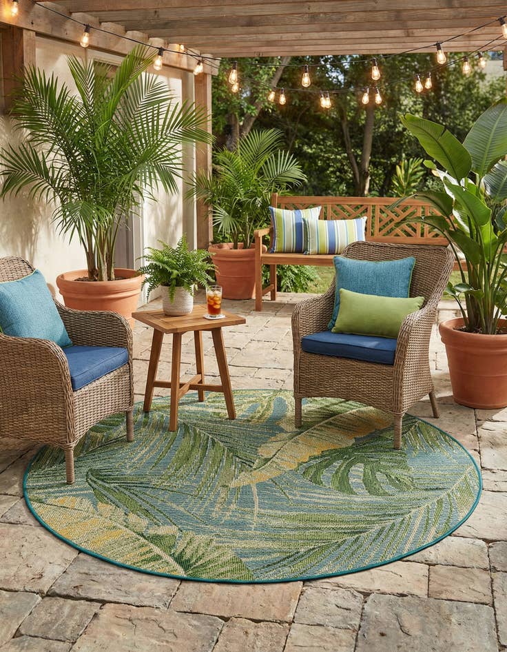 Detail image of 6' x 6'  Washable Botanical Indoor / Outdoor Round Rug