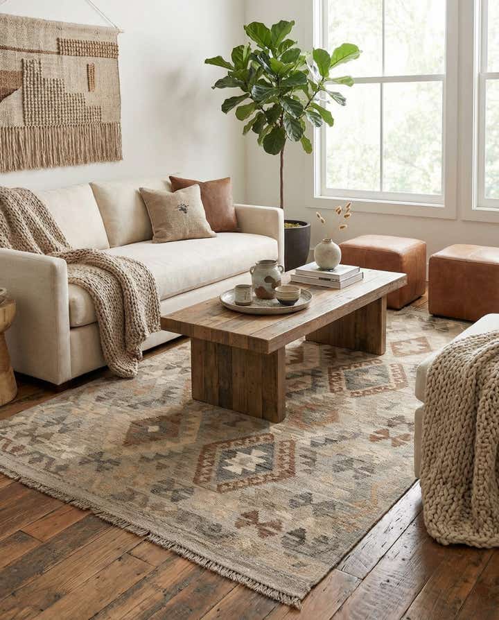 4' 3 x 6' 8 Hand Woven Kilim Maymana Wool Rug