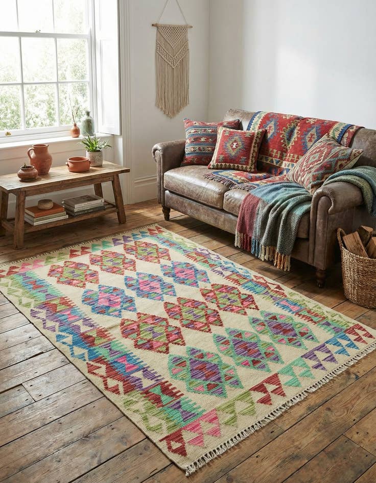 Detail image of 3' 2 x 4' 10  Hand Woven Kilim Maymana Wool Rug