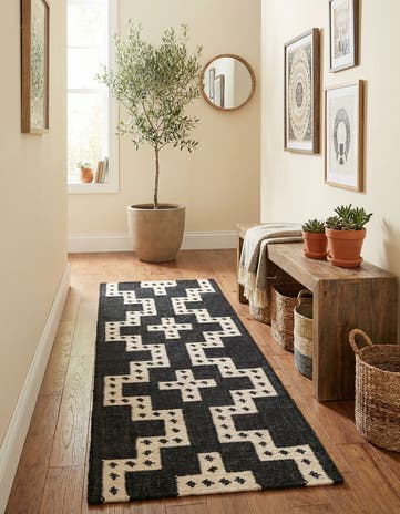 Black and White Hand Woven Kilim Wool Runner Rug