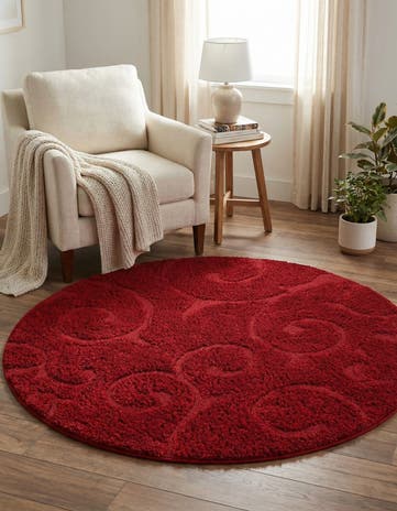 Red Botanical Shag Round Rug