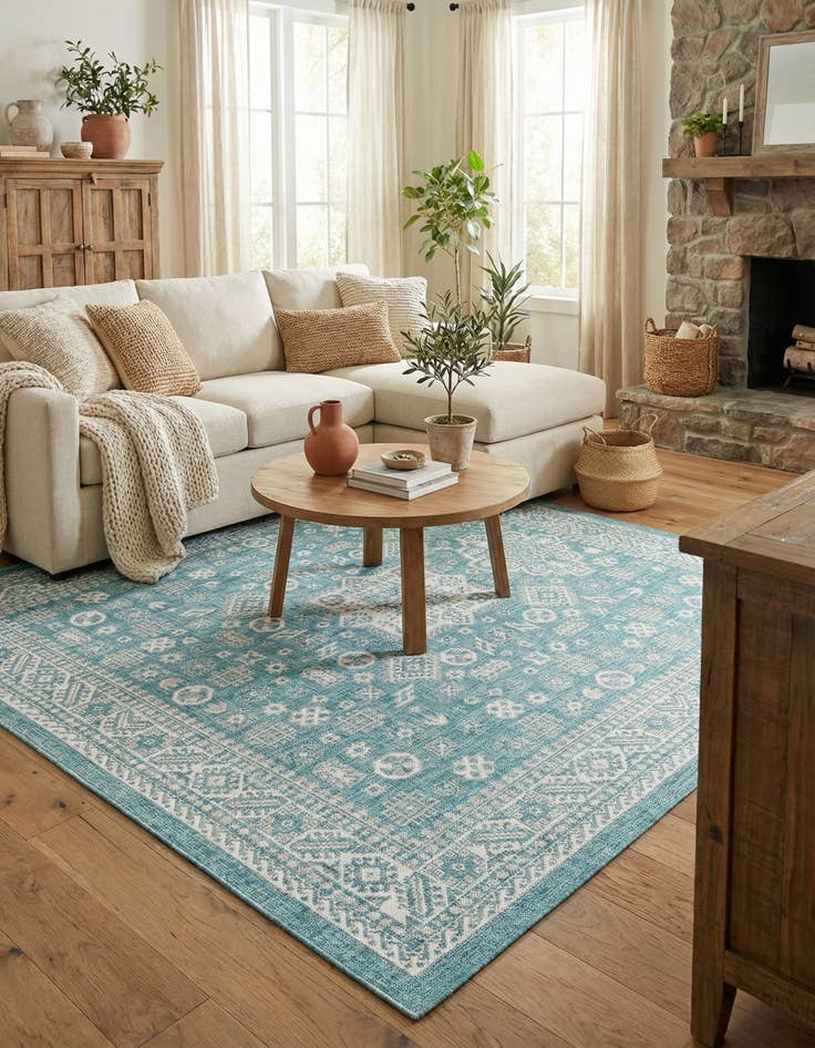 Detail image of 7' 10 x 7' 10  Washable Aztec Indoor / Outdoor Square Rug