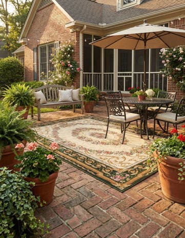 Green and Ivory Easy-Clean Traditional Indoor / Outdoor Rug