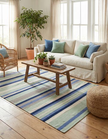 Aqua Blue and Gray Hand Woven Flatweave Cotton Dhurrie Rug
