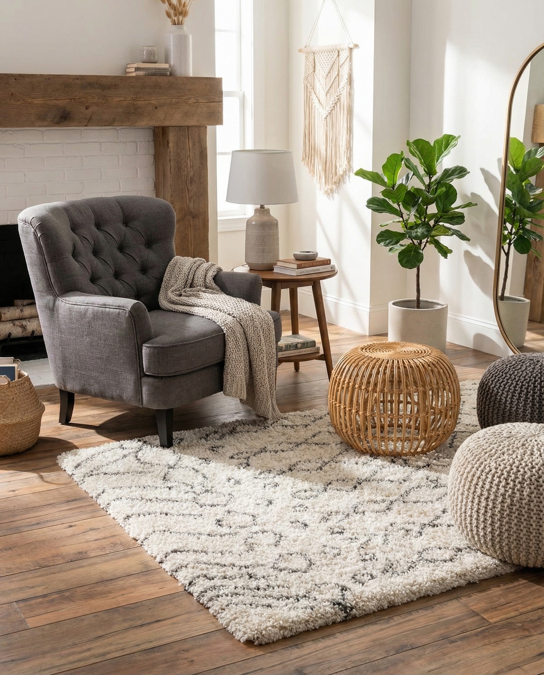A square ivory shag rug with a modern tribal trellis pattern in charcoal gray, offering a cozy texture.