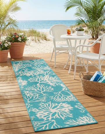 Teal Easy-Clean Coastal Indoor / Outdoor Runner Rug