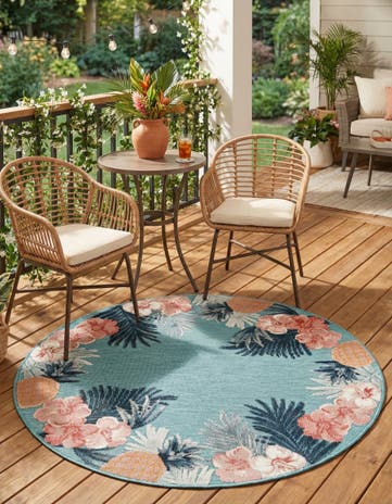 Blue Easy-Clean Botanical Indoor / Outdoor Round Rug