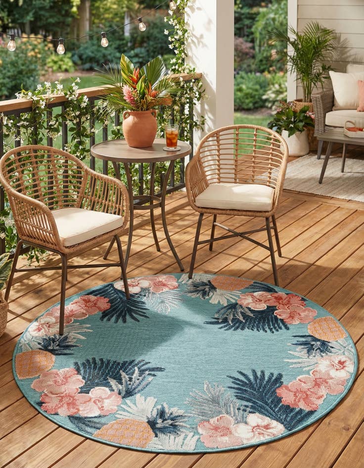 Detail image of  4' 5 x 4' 5  Washable Botanical Indoor / Outdoor Round Rug