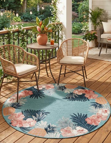 Blue Easy-Clean Botanical Indoor / Outdoor Round Rug