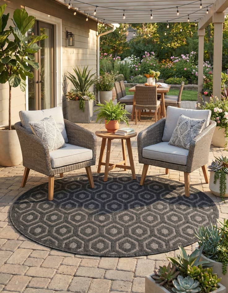 Detail image of 7' x 7'  Washable Trellis Textured Indoor / Outdoor Round Rug