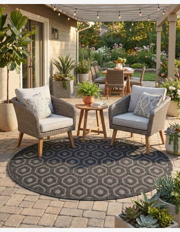 Charcoal Easy-Clean Trellis Textured Indoor / Outdoor Round Rug