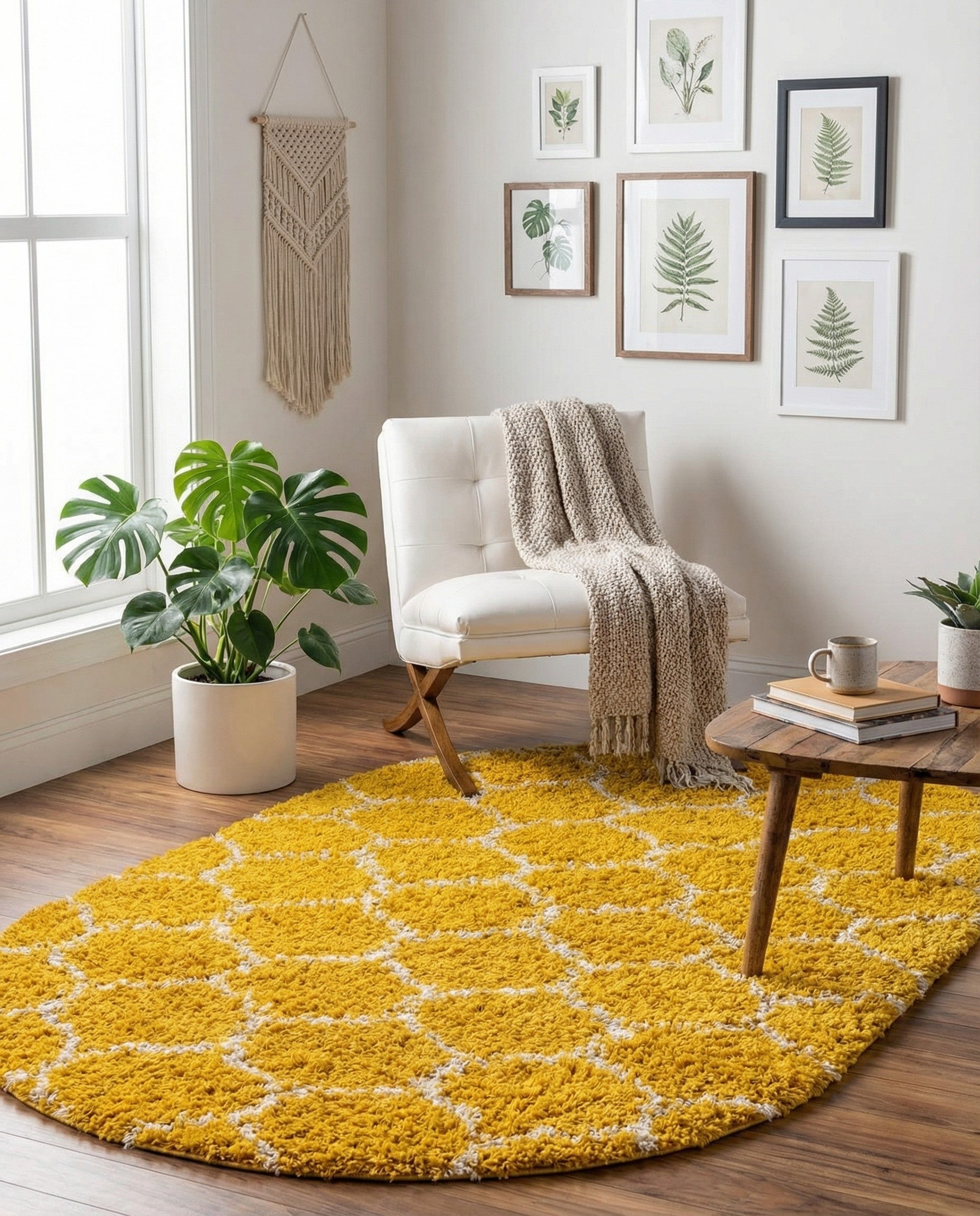 A vibrant yellow 4' x 6' oval shag rug with a white modern lattice pattern, featuring a high/low textured pile.