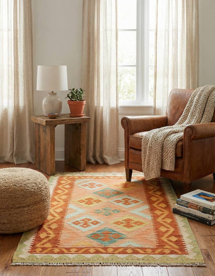 Detail image of 3' 2 x 4' 10  Hand Woven Kilim Waziri Wool Rug