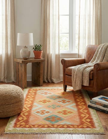 3' 2 x 4' 10 Hand Woven Kilim Waziri Wool Rug