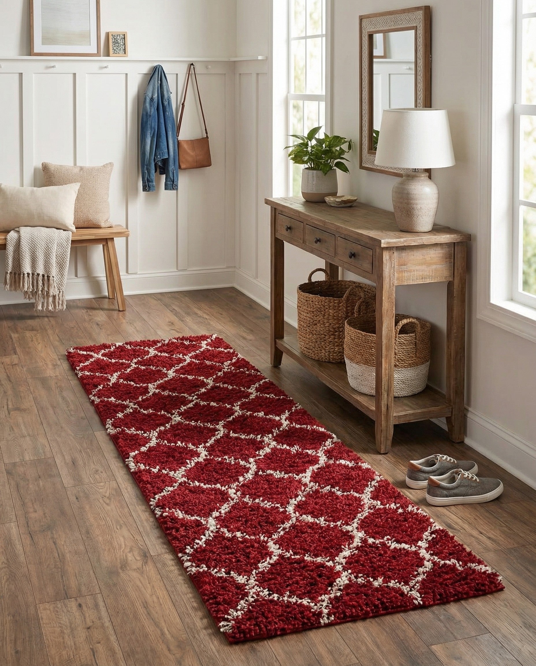 A vibrant red 8 ft runner rug with a high-low textured shag pile and white modern lattice pattern, ideal for a hallway.