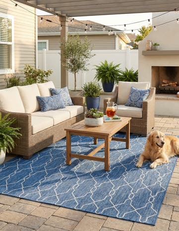 Blue Easy-Clean Lattice Indoor / Outdoor Rug