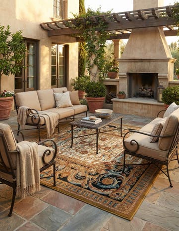 Black Gold Brown Easy-Clean Traditional Indoor / Outdoor Square Rug
