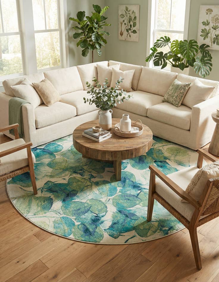 Detail image of 10' x 10'  Washable Botanical Indoor / Outdoor Round Rug