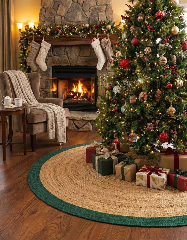 Detail image of 6' 1 x 6' 1  Hand Braided Christmas Tree Skirt