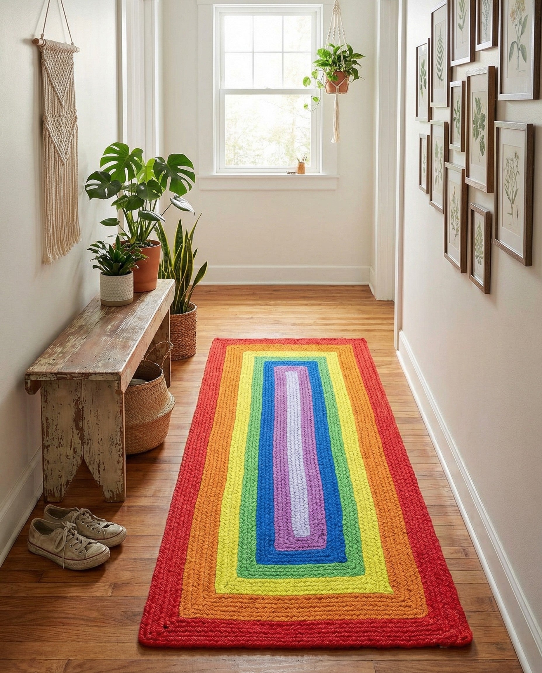 A vibrant 4 ft runner rug featuring a modern, multi-colored braided pattern with concentric rectangles in red, orange, yellow, green, blue, and purple.