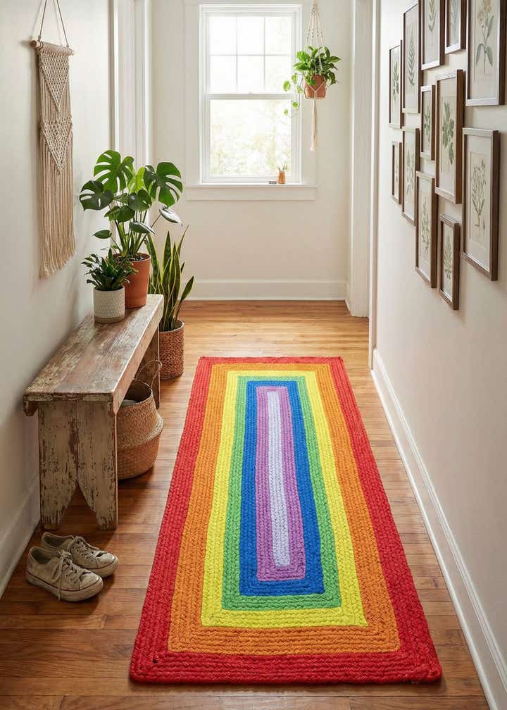 2' x 4' 1 Handmade Hand Braided Rainbow Wool Runner Rug