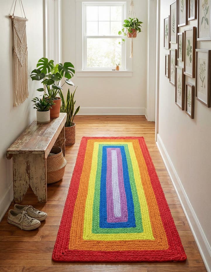 2' x 4' 1 Handmade Hand Braided Rainbow Wo...