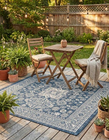 Blue Easy-Clean Aztec Indoor / Outdoor Square Rug