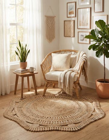 Natural and White Handmade Braided Jute Round Rug