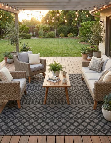 Charcoal Easy-Clean Trellis Textured Indoor / Outdoor Rug